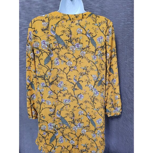 Rose Olive Peasant Top 1X Yellow Peacock Artsy Whimsical 3/4 Sleeve Flowy - Picture 12 of 16